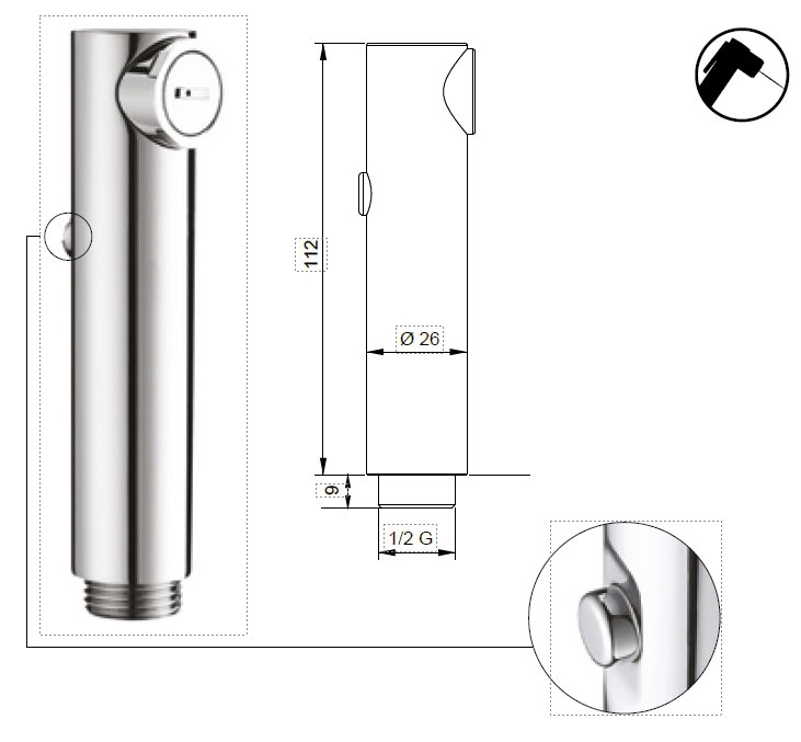 Maro LuxSTA23 Solid Brass Dual-Jet Handset Dimensions