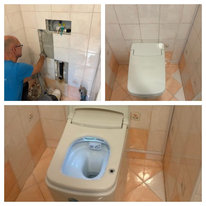 Floor-standing VitrA V-Care Prime installation with tiles temporarily removed for the water-supply channel