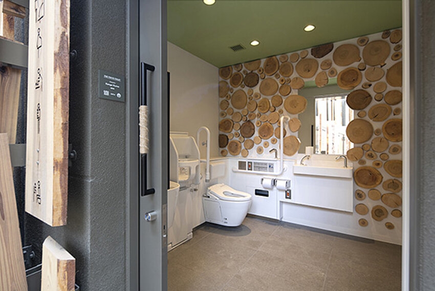 Interior of Kengo Kuma Walk in the Woods toilet room with TOTO WASHLET