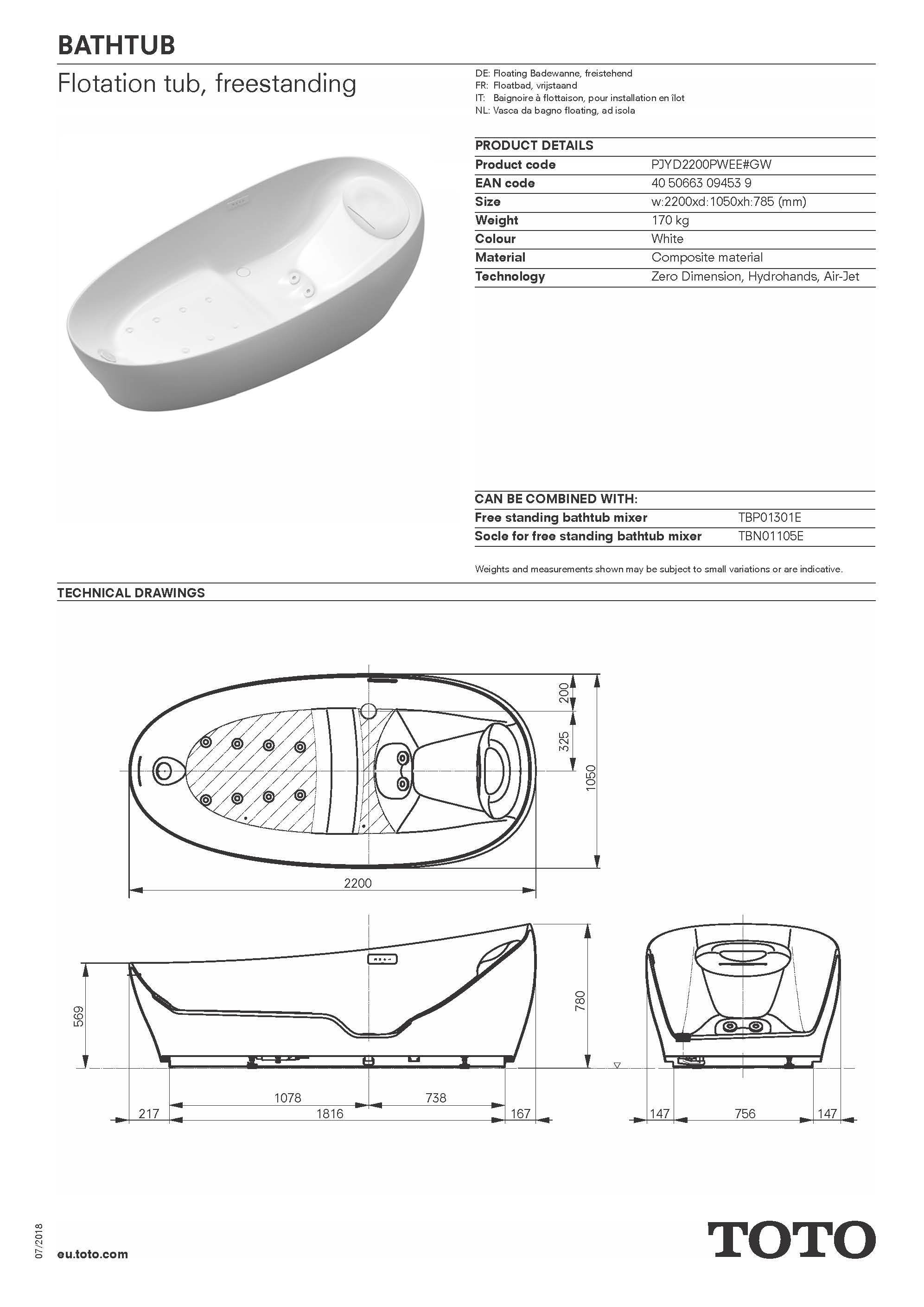 TOTO Flotation Tub Technical Factsheet