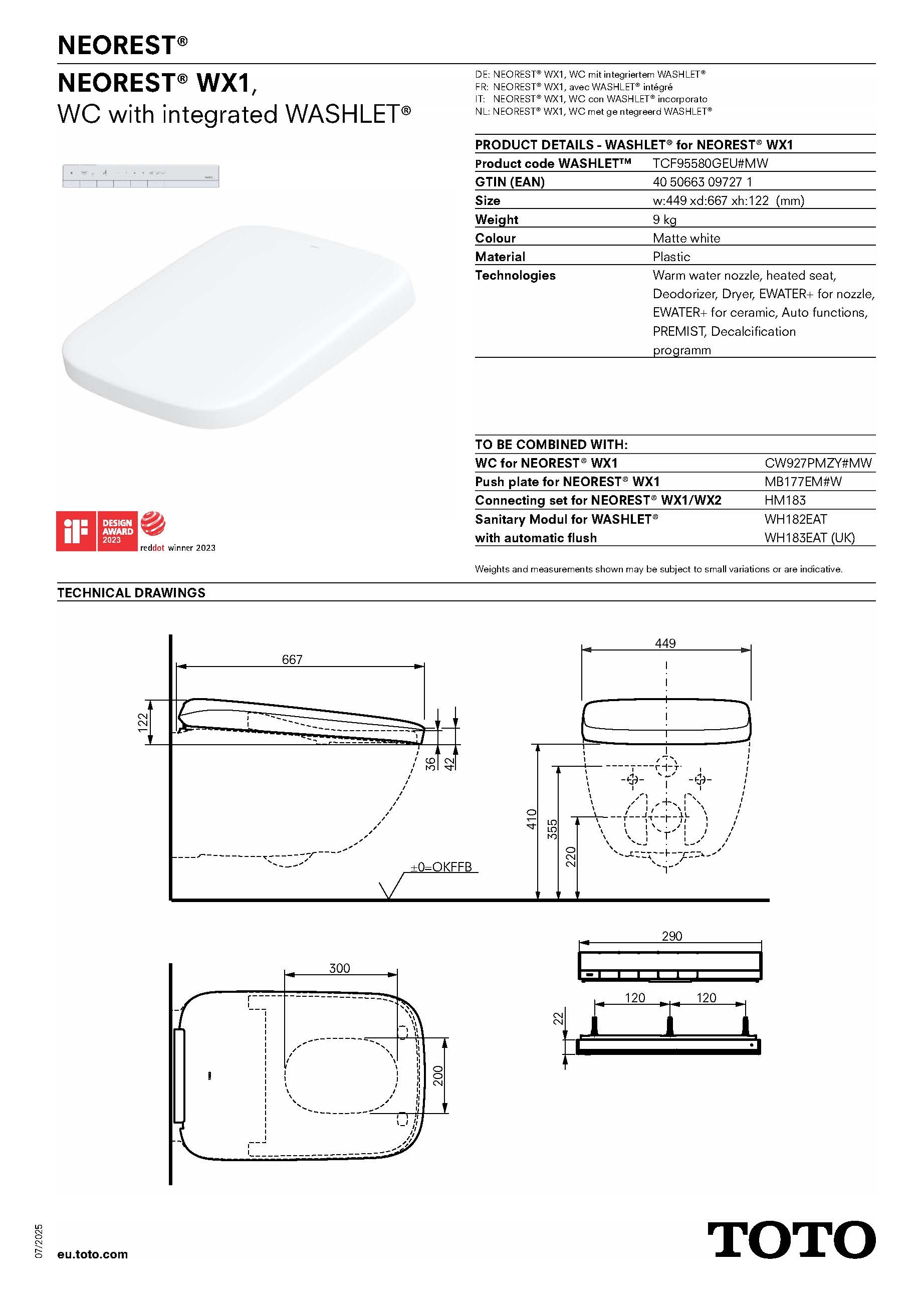 WASHLET® for NEOREST® WX1 matte white incl. remote control Product code: TCF95580GEU#MW WASHLET® for NEOREST® WX1 matte white incl. remote control Product code: TCF95580GEU#MW