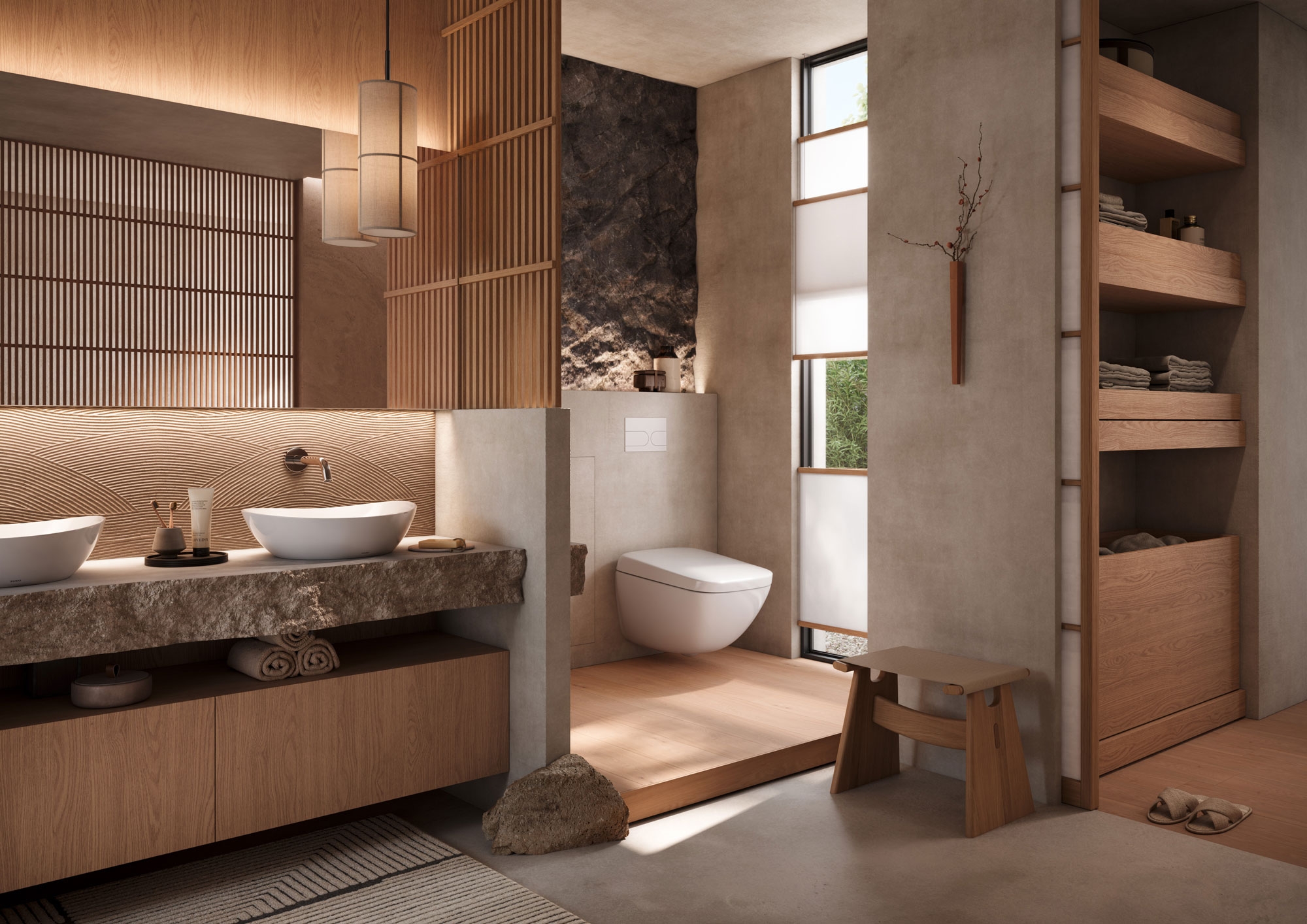 Modern Japanese-inspired bathroom concept by studio ukiyo and TOTO, with stone washbasin counter, timber screens and a TOTO NEOREST WX1 matt white shower toilet